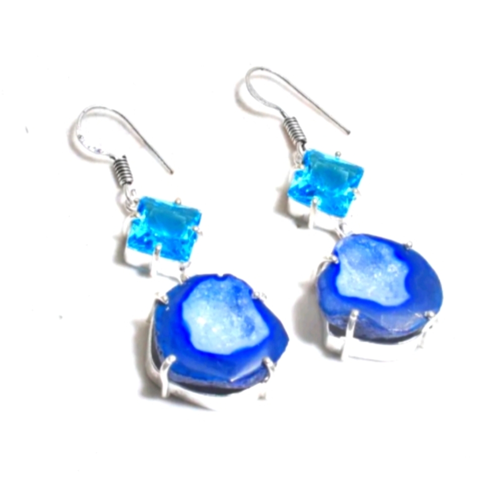 STERLING SILVER BLUE SOLAR QUARTZ AND BLUE TOPAZ DANGLE EARRINGS. - Picture 1 of 1